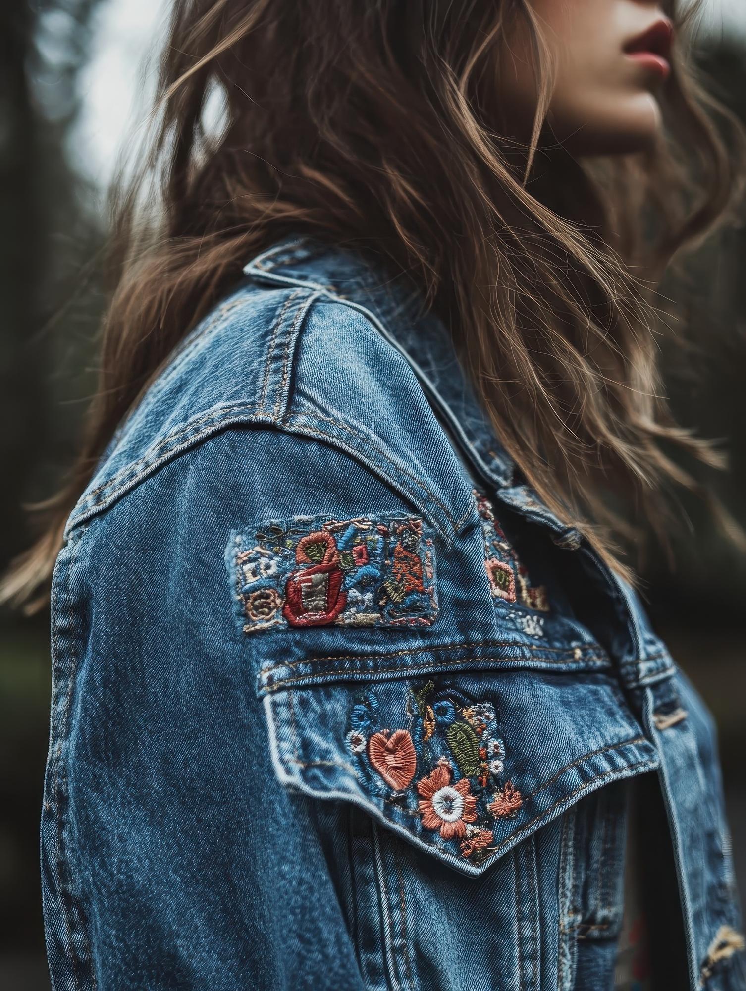 Large embroidered patch on denim jacket